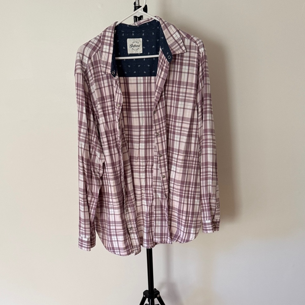Women's Plaid Button-Down Shirt in Purple and White